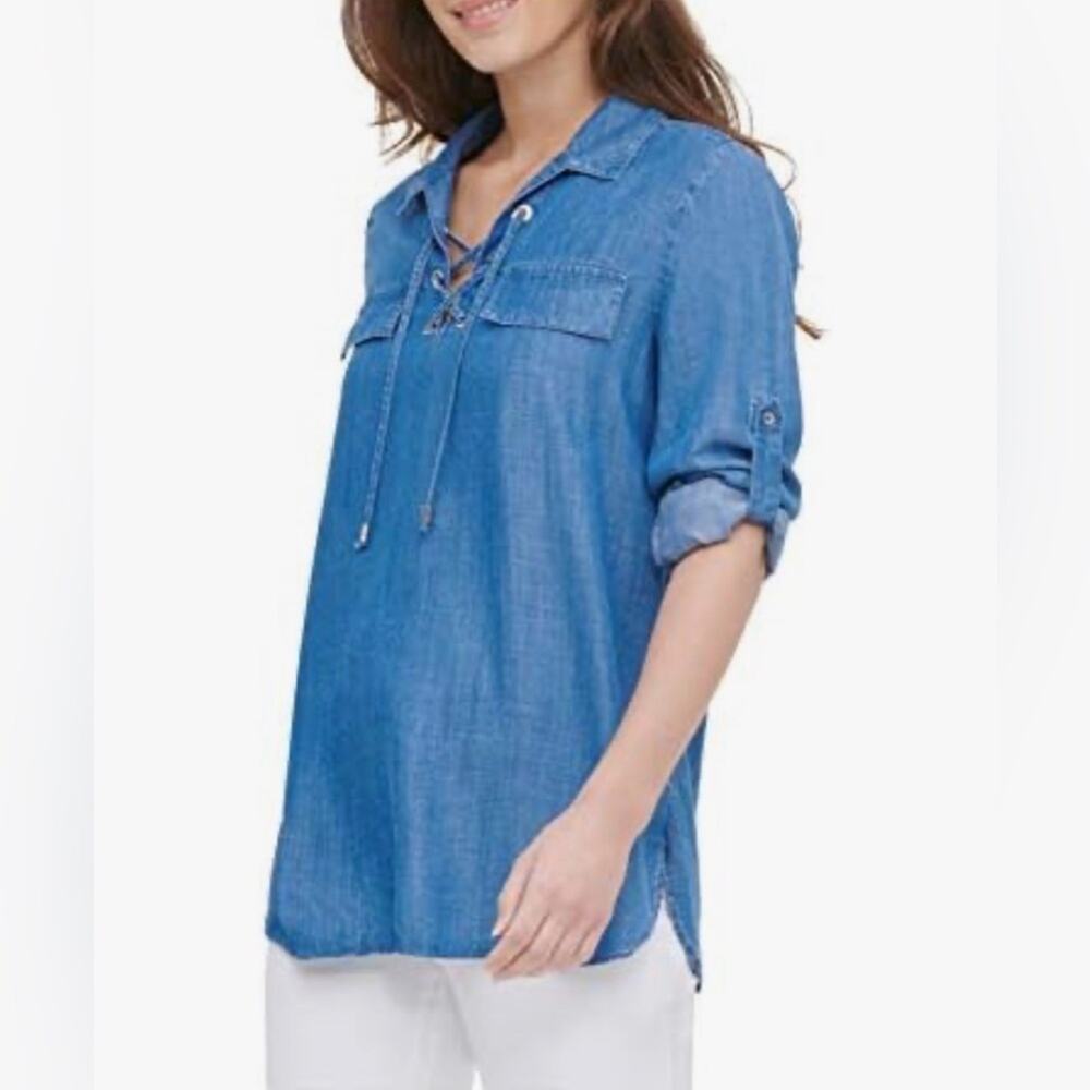 NWT Calvin Klein Lace Roll Sleeve Denim Tencel Cover Up Tunic Women’s Sz XL